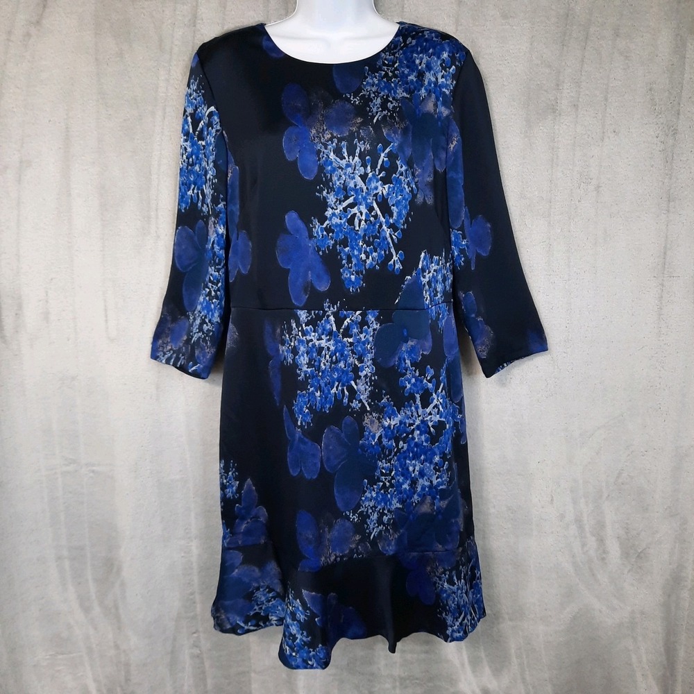 Banana Republic Dress Womens 10 Blue Watercolor Floral Ruffle Hem Career Office - Picture 1 of 15